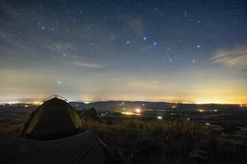 Fototapeta na wymiar Big Dipper or Ursa Major constellation over rural landscape from campsite on hill top Provence, France