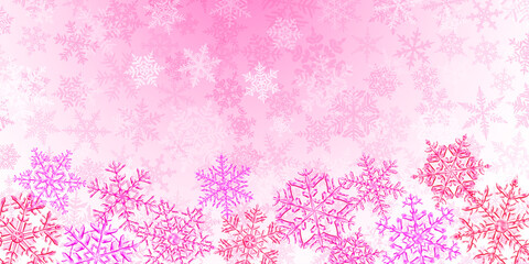 Illustration of big complex translucent Christmas snowflakes in pink colors, located below, on background with falling snow