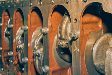 Bottom Cylinder Block and Crankshaft and Bolt of Truck Engine in Vintage Tone