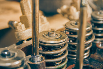 Intake and Exhaust Valve and Engine Oil and Fuel Injector of Car Engine in Vintage Tone