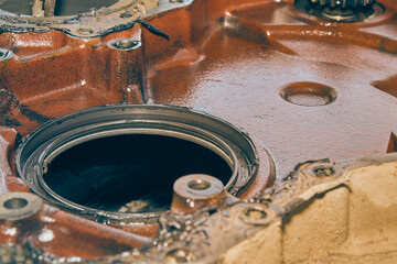 Left Frame Zoom View Crankshaft Seal in Crankshaft Cover and Engine Oil Stain in Vintage Tone