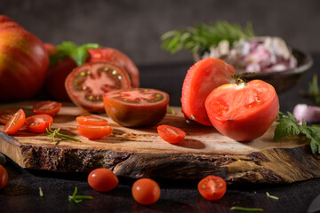 Tomatoes on rustic kitchen counter