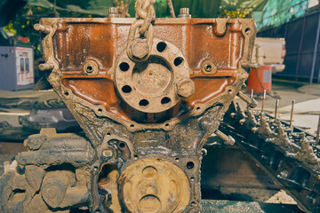 Back View of Car Engine and Camshaft and Bolt and Chain in Car Repair Shop in Vintage Tone