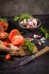 Tomatoes on rustic kitchen counter