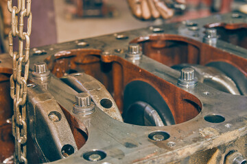 Bottom Cylinder Block and Crankshaft of Car Engine in Car Repair Shop in Vintage Tone