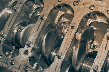 Medium Shot Black and White Cylinder Block and Crankshaft and Bolt and Engine Oil Stain of Truck...