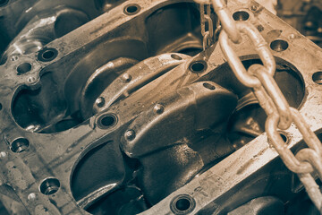 Black and White Bottom Crankshaft and Engine Oil Stain in Cylinder Block and Chain
