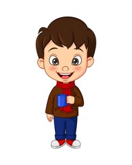 Cartoon little boy in autumn clothes holding cup