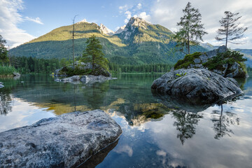 Hintersee Lake with reflection of Watzmann mountain peaks. Ramsau Berchtesgaden Bavaria, Germany, Europe