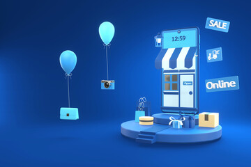 Shopping online and delivery on popular mobile applications around the world with blue phone and boxes, gifts,balloon on gradient blue background.3D rendering