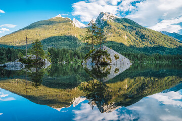 Naklejka na ściany i meble Hintersee Lake with reflection of Watzmann mountain peaks. Ramsau Berchtesgaden Bavaria, Germany, Europe