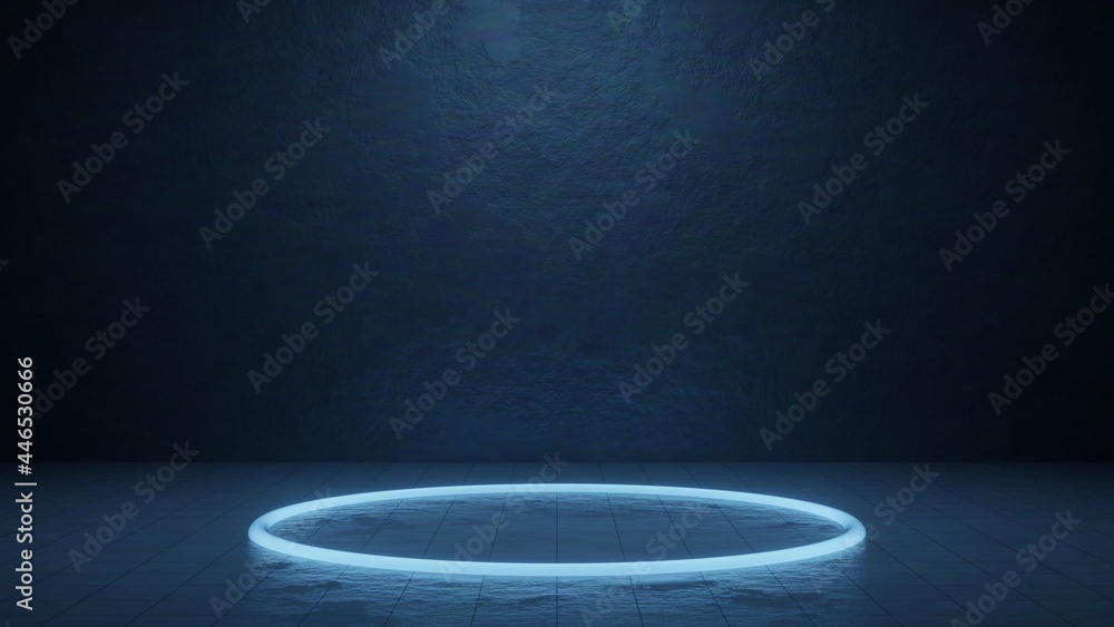 Poster 3d rendering of glowing led neon circle shape with reflection on dark grunge wall background. empty 