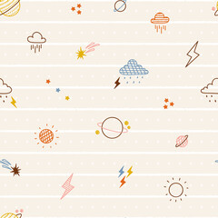 Colorful Seamless Pattern with Sun, Rain Clouds, Lightning, Planet Saturn and Stars. Space Sky Striped Background. Weather Elements. Vector illustration