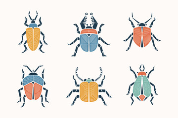 Geometric Bugs Vector Set. Colorful Abstract Beetles. Vintage  Insects Retro Colors