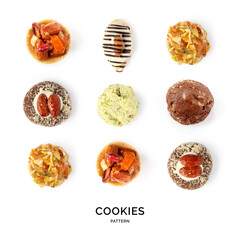 Seamless pattern with cookies. Flat lay. Food concept. Different cookies on the white background.