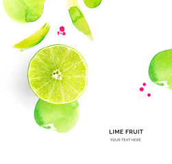 Creative layout made of lime on the watercolor background. Flat lay. Food concept. 