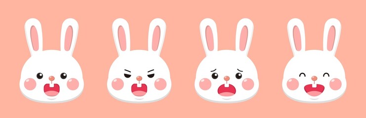 4 kinds of cute rabbit expression combinations, cartoon characters, mascots, vector illustration cartoon comics