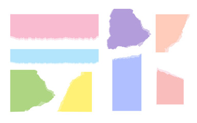 Colorful ripped paper different shapes and various color. Empty torn page chunk pieces with tattered edge. Notebook paper piece or scrapbook. Template memo blank reminder. Isolated vector illustration