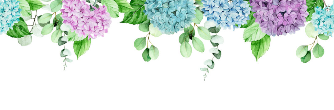 watercolor seamless border, frame, banner with eucalyptus leaves and hydrangea flowers. green leaves and branches of eucalyptus and blue, pink, purple hydrangea flowers isolated on white background.