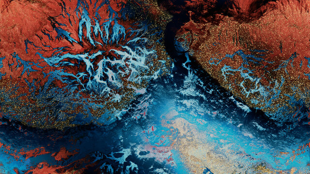 Blue and Orange Abstract Art. Modern Design with Marble Swirls and Agate Ripples. Beautiful, Natural Background with Gold Powder.