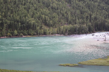 The river along thtemperate forest becomes a small lake in the flat area and there is an island...