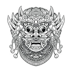 tattoo and t-shirt design black and white hand drawn rangda barong bali premium vector