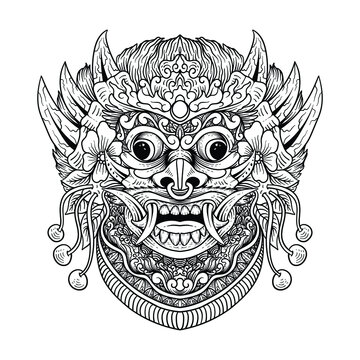 tattoo and t-shirt design black and white hand drawn rangda barong bali premium vector