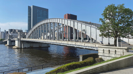 Kachidoki Bridge. The famous historical bridge on Sumida River. Japan Tokyo 21 June 2021