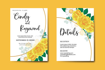 Fototapeta na wymiar Wedding invitation frame set, floral watercolor Digital hand drawn Yellow Rose Flower design Invitation Card Template