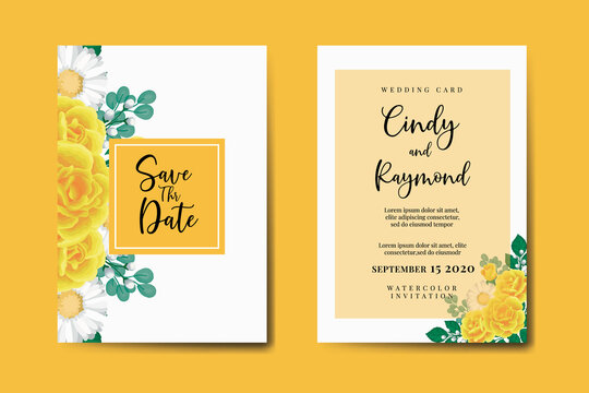 Wedding invitation frame set, floral watercolor Digital hand drawn Yellow Rose Flower design Invitation Card Template