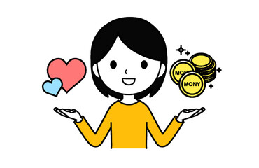 両手にハートとお金を持って比べる女性　笑顔
