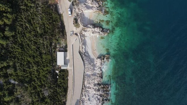 Aerial beautiful coastline white sand, blue water Rabac, Croatia