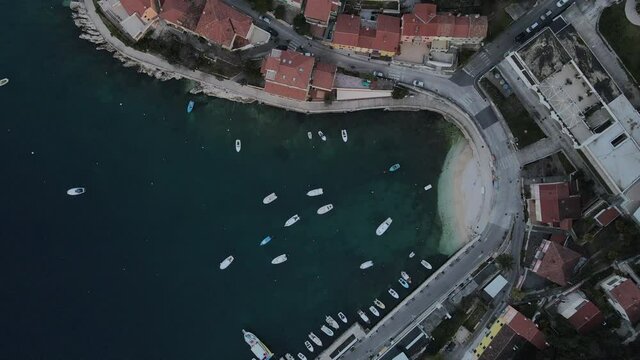 Overhead aerial of boats in Kvarner Bay, Rabac, Istria, Croatia.
