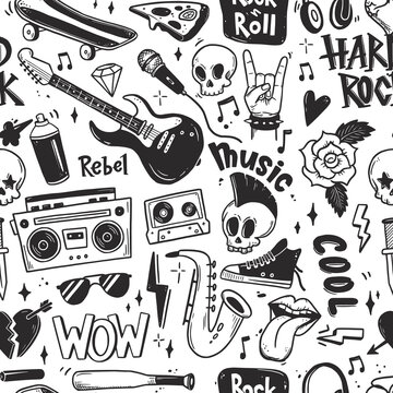 Rock n roll, punk music seamless pattern. Graffiti, tattoo hand drawn style element, skull, guitar, note. Grunge rock vector illustration.