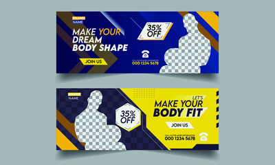 Gym web banner and social media cover template design set