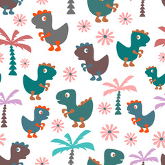 Cute Dinosaurs Greens on White