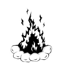 black and white illustration of a burning bonfire with sparks inside stones, stone fireplace isolated on white background