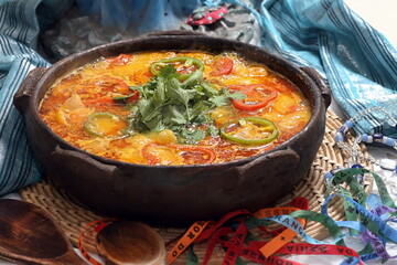 Fish moqueca, a classic dish of Bahian cuisine, served in a clay pot