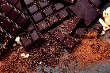 Cacao beans and chocolate on gray background.