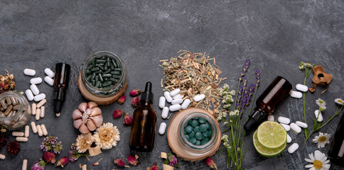 Alternative medicine variation pills and herbs. Homeopathy medicine concept.