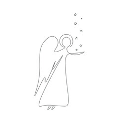 Christmas angel with stars line drawing vector illustration