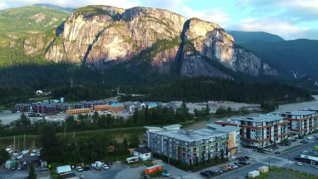 Aerial drone footage the Chief mountain face and near Squamish, BC, at sunset.