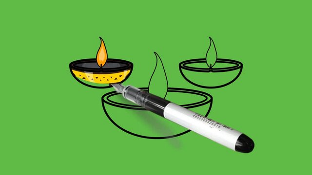 Drawing set of three deepak in grey, brown, orange, purple and yellow colour combination with black outline on abstract green background

