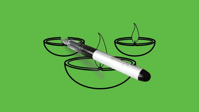 Drawing set of three deepak in blue colour combination with black outline on abstract green background
