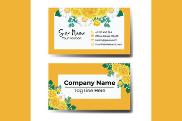 Business Card Template Yellow Rose Flower .Double-sided. Flat Design Vector Illustration. Stationery Design