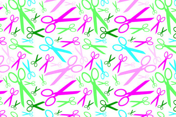 Cute multicolored scissors in pastel colors for background and printed products, white background.