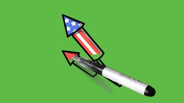 Sketching rocket firework with star and strip in blue, red and white colour with black outline on abstract green background
