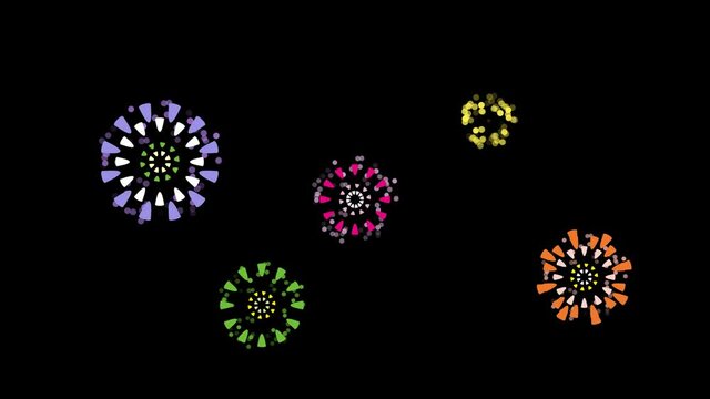 Alpha channel file - Various cartoonish fireworks explode at once