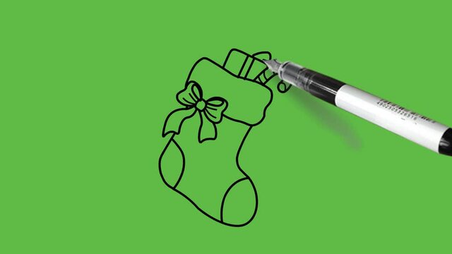Sketch socks with stick, toffee, gift and star in blue colour with black outline on abstract green background
