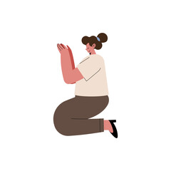 Girl on knee with hands up praising